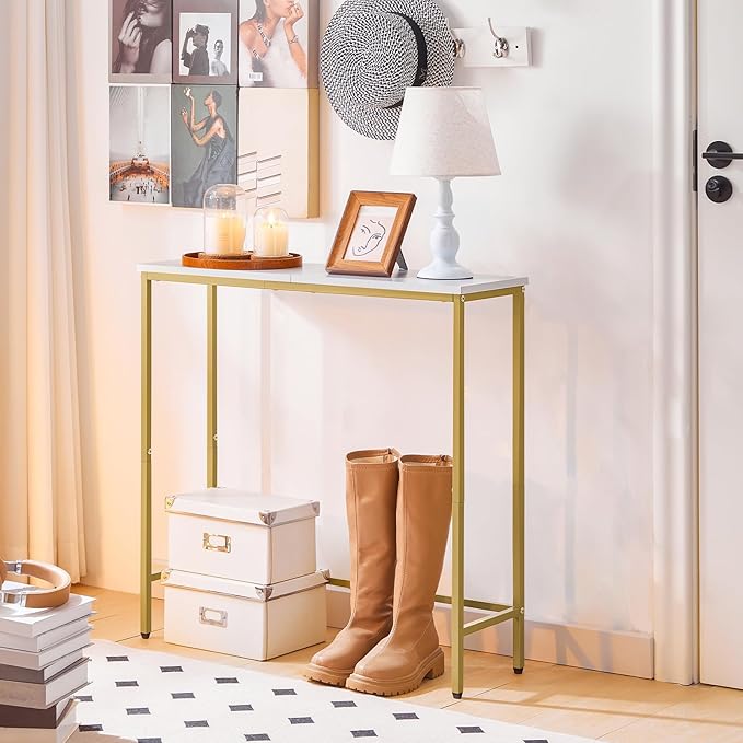 HOOBRO Narrow Console Table, 29.5" Small Entryway Table, Thin Sofa Table, Side Table, Display Table, for Hallway, Bedroom, Living Room, Foyer, White and Gold DW75XG01