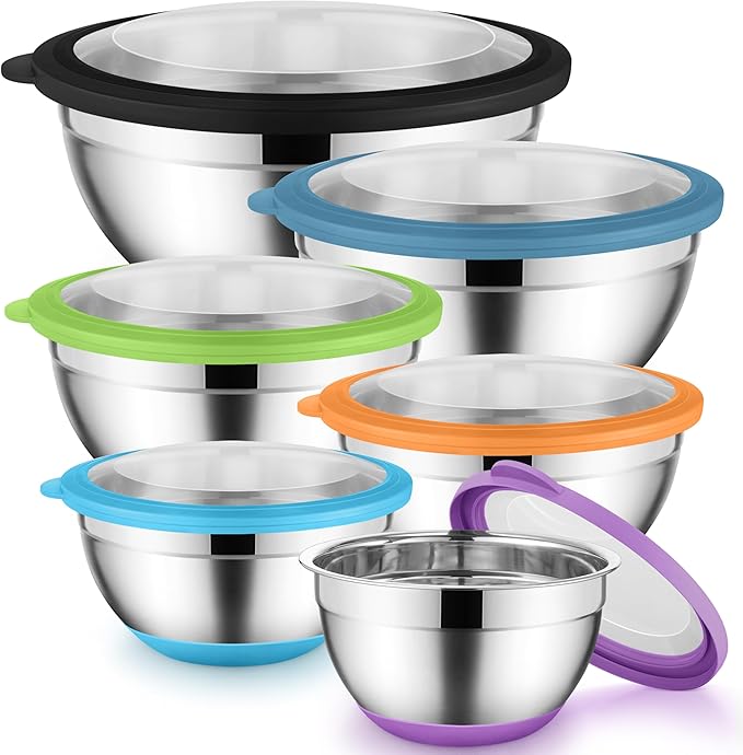 Colorful Mixing Bowl Set of 6 for Kitchen, Large Stainless Steel Metal Nesting Mixing Bowls with Airtight Lids, Non Slip - Size 1, 1.5, 2, 2.6, 3.5, 7QT