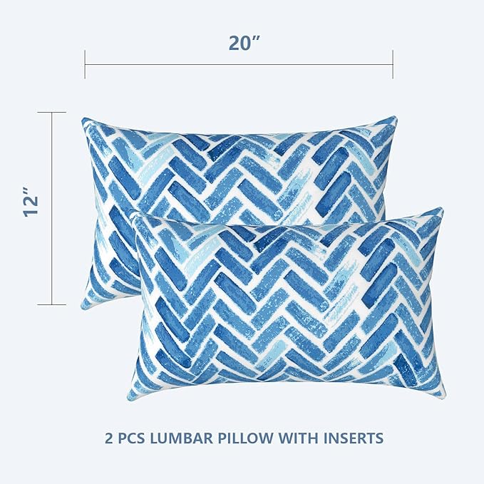 LVTXIII Set of 2 Patio Lumbar Pillows, 12”x20” Fade Resistant Outdoor Lumbar Pillow with Inners, Fluffy Decorative Garden Lumbar Cushions for Home Patio Coach Sofa Use, Blue Brick