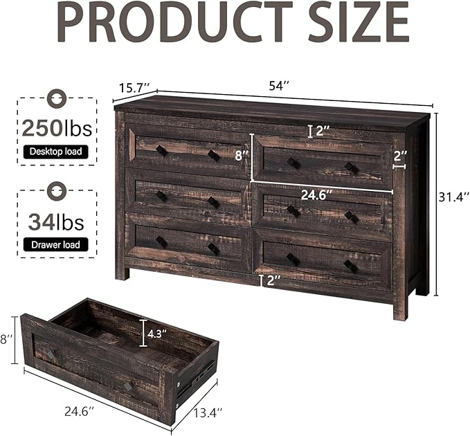 Farmhouse 6 Drawers Dresser, Wood Rustic Chest of Drawer for Bedroom, Closet Storage Dressers Organizer, 6 Drawers Chest for Living Room, Hallway, Dark Rustic Oak