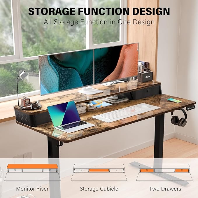 Electric Standing Desk with 2 Drawers 55''x 24'' Adjustable Height Sit to Stand Up Desk with Storage Shelf, C-Clamp Mount Compatible Home Office Desks Computer Gaming Table Ergonomic Workstation