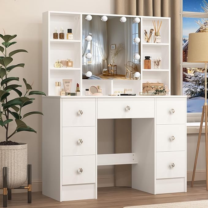 Large Vanity Table, Makeup Vanity with Mirror and Lights, 7 Drawers 8 Open Shelves, Hollywod Vanity Table for Girls and Women,100 * 40 * 140cm, Modern White