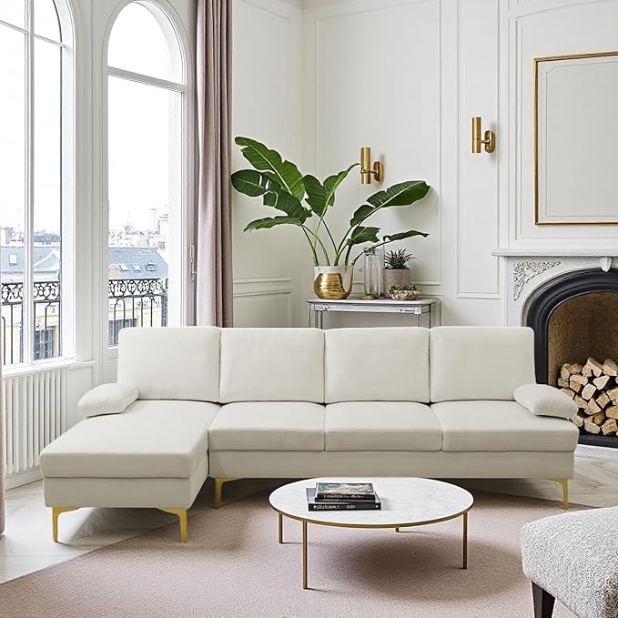 L Shape Sofa with Chaise, 4 Seat Living Room Sofa Set with Golden Wooden Leg, Sectional Couch with Fluffy Fabric, for Living Room, Apartment, Off-White
