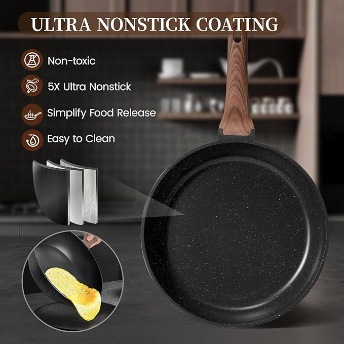 Kikcoin 16Pcs Pots and Pans Set Nonstick Ceramic Cookware Sets Induction Kitchen Cooking Set Non toxic Healthy Non Stick w/Grill Pan, Saute Pan, Black