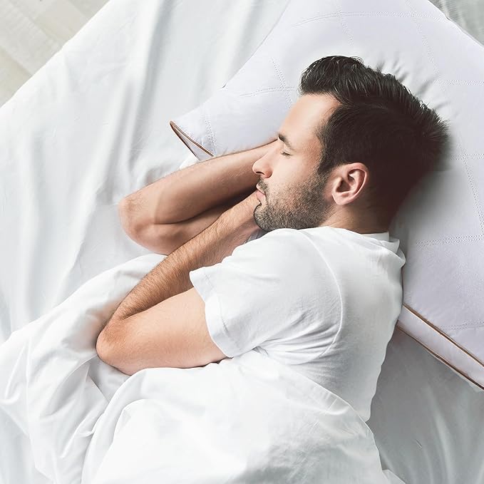 puredown® Natural Goose Down Feather Pillows for Sleeping Oval Gusseted Feather Down Pillow 100% Cotton Pillow Cover with Leaf Quilting Standard Set of 2