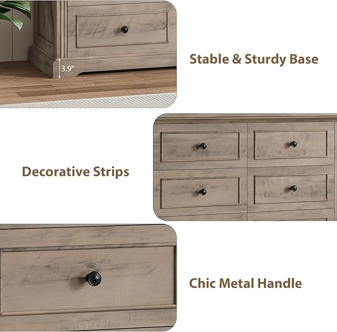 QUW Farmhouse 6 Drawer Dresser for Bedroom, 47" Wide Wood Chest of Drawers with Charging Station, Metal Handle, Modern Closet Clothes Storage Organizer for Living Room, Hallway, Entryway, Grey