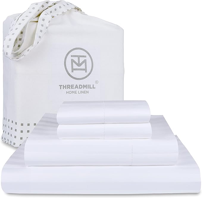 Threadmill 500 Thread Count Queen Size Damask Stripe, 4 Pc Luxury Cotton Bedding Set, Silky Smooth Hotel White Sheets with 16" Elasticized Deep Pocket, 2 Pillowcases & Free Tote Bag