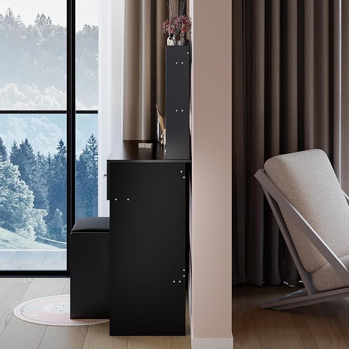 31.5" Small Vanity Desk with Mirror and Lights, Makeup Table with Led Lights, 3 Lighting Colors, Vanity Set with 2 Drawers and Stool for Small Space Bedroom, Black