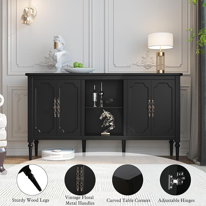 Vintage Buffet Sideboard Cabinet with 4 Doors, 59" Mid Century Modern Storage Cabinet with Shelf, Decorative Accent Credenza TV Stand (Black)