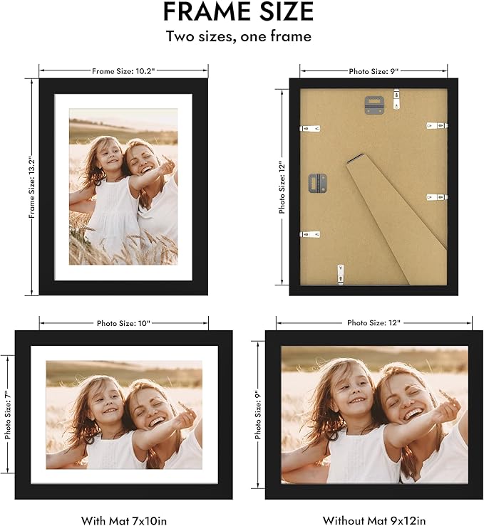 9x12 Picture Frame with Glass, Display Pictures 7x10 with Mat or 9 x 12 without Mat - Wall and Tabletop, 9 by 12 Photo Wooden Frames (Black, 1 Pack)
