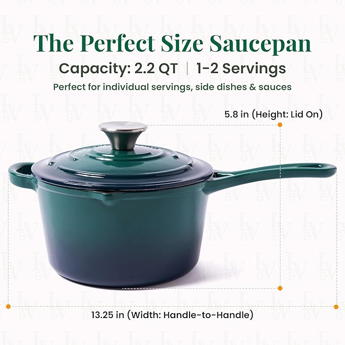 Larder & Vine Enameled Cast Iron Saucepan | 2.2 qt Sauce Pan with Lid | Saucepan with Pour Spouts | Enameled Cast Iron Pot Compatible on All Cooktops & Oven Safe to 500° F | Bondi
