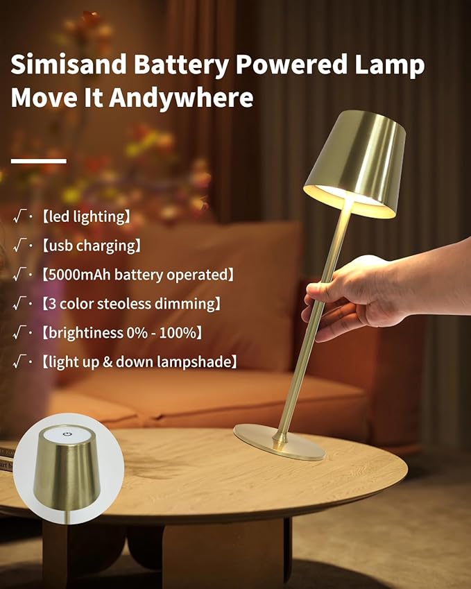 2 Pack Cordless Table Lamps,Portable LED Desk Lamp, 5000mAh Battery Operated Lamp, 3 Color Stepless Dimming Up, for Restaurant/Bedroom/Outdoor Party/Camping/Coffee Shop Night Light(Gold)