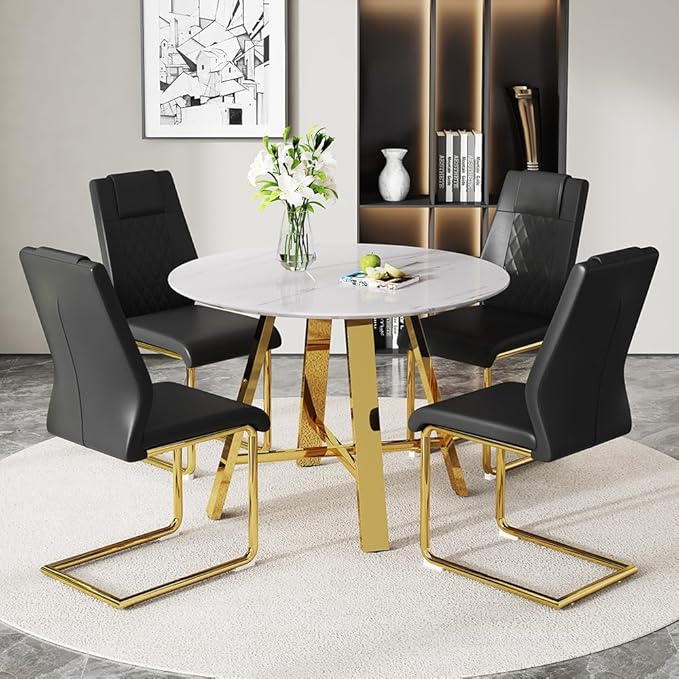 Round Dining Table Set for 4, Modern Kitchen Dining Table Chairs Set for 4, 42" Faux Marble Dining Room Table Set & 4 PU Leather Chairs for Kitchen Living Office Cafe Small Space