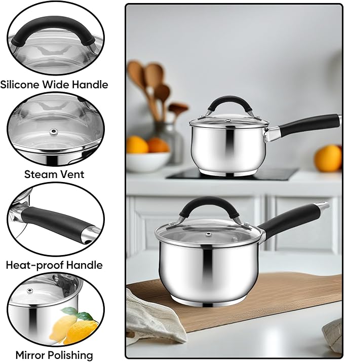 E-far 1 Quart Sauce Pan with Lid, Tri-Ply Base Stainless Steel Small Saucepan with Stay-Cool Handle, Non-toxic Kitchen Cooking Sauce Pot, Compatible with All Cooktops, Dishwasher Safe