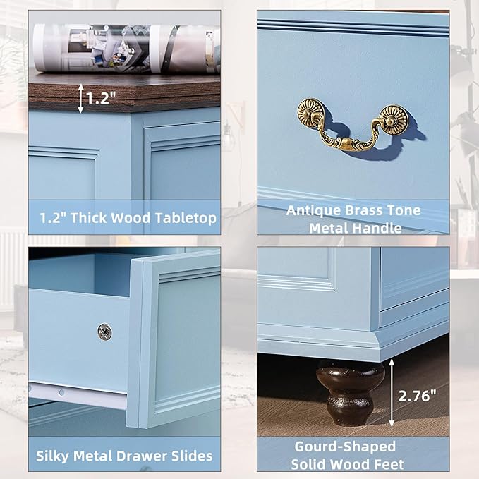 Farmhouse 54" 7 Drawers Dresser for Bedroom, Wide Wood Chest of Drawers w/ 4 Wooden Legs, Vintage Large Storage Dressers Organizer for Hallway, Rustic TV Stand for Living Room, Light Blue