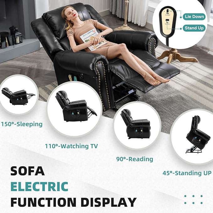 MEETWARM Large Power Lift Electric Recliner Chair for Elderly with Massage and Heat, Overstuffed Wide Recliner, Heavy Duty Sofa for Living Room with 2 Remote Control/USB Ports/Side Pockets(Black)