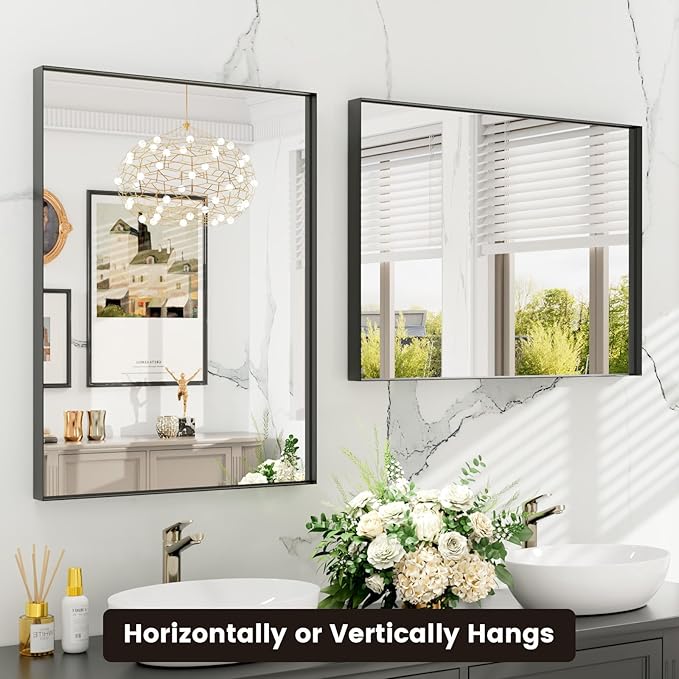 Black Bathroom Mirror, 22x30 inch Black Vanity Mirror with Metal Frame, Tempered Glass, Square Corner, Farmhouse, Entryway, Wall Mounted Rectangle Mirror(Vertical/Horizontal)