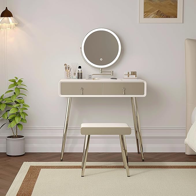 Vanity Desk with Adjustable Mirror and Lights, Makeup Vanity with 2 Drawers and Chair, Small Dressing Table with Leather Surface for Bedroom, 3 Lighting Modes
