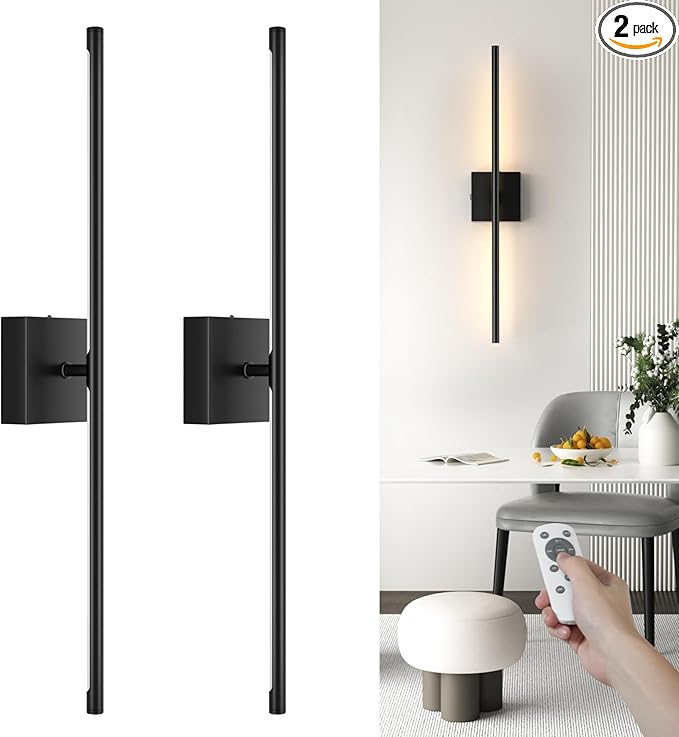 VOLISUN Battery Operated Wall Sconce Set of Two, Black Rechargeable Wall Lights with Remote Control, 3000K-6500K Dimmable Wall Lamp, 27.6 Inch LED Wireless Wall Lights for Bedroom, Living Room,Hallway