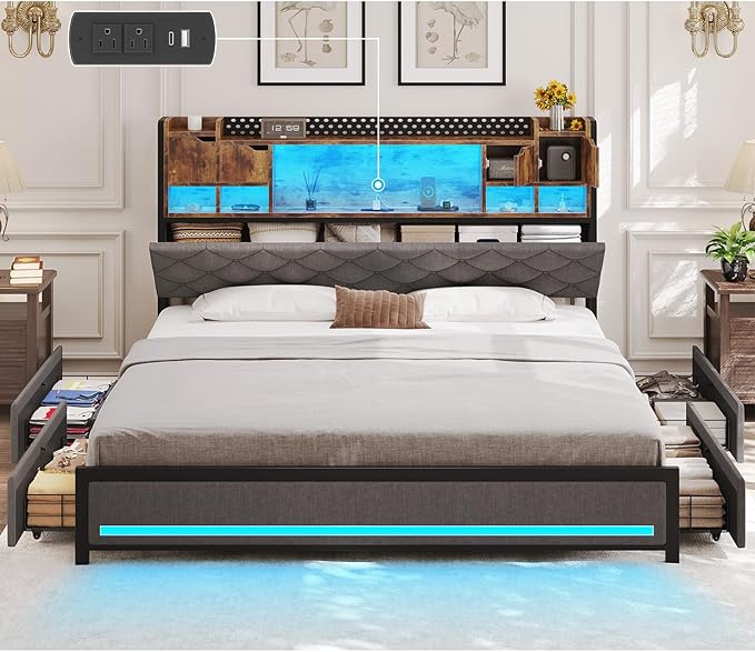 Queen Bed Frame with Storage Headboard, Queen Bed Frame with LED Lights and Charging Station, Padded headboard, No Noise, No Box Spring Needed, Easy Assembly