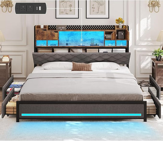 Queen Bed Frame with Storage Headboard, Queen Bed Frame with LED Lights and Charging Station, Padded headboard, No Noise, No Box Spring Needed, Easy Assembly