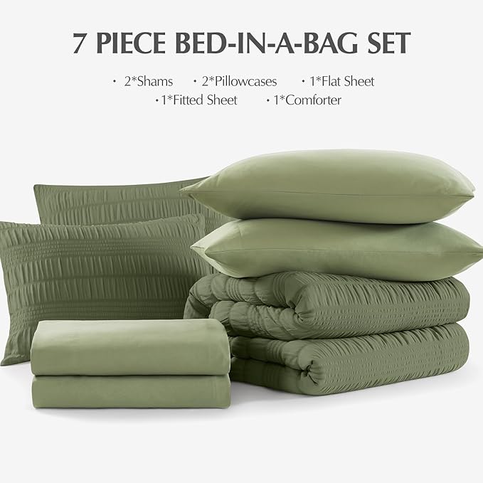 CASAAGUSTO King Size Comforter Set, 7 Pieces Olive Green Seersucker Bed in a Bag King Soft All Seasons, King Bedding Sets with Comforter, Flat Sheet, Fitted Sheet, 2 Pillow Shams, 2 Pillowcases