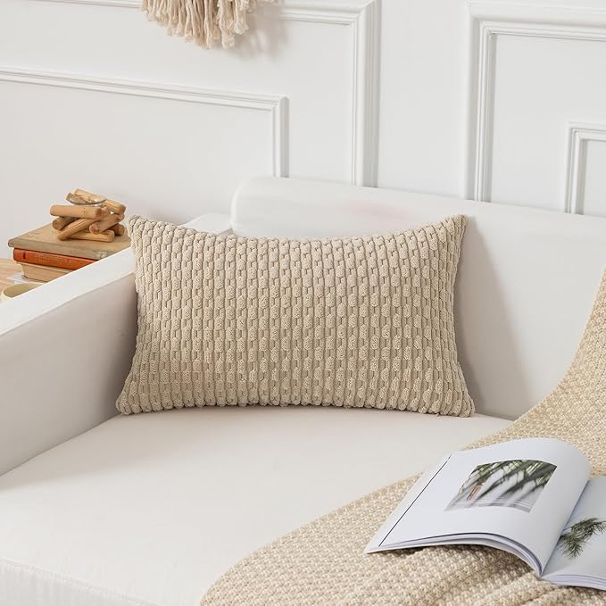 Kevin Textile Throw Pillow Covers Soft Corduroy Decorative Set of 2 Boho Striped Pillow Covers Pillowcases Farmhouse Home Decor for Couch Bed Sofa Living Room 12x20 Inch Beige
