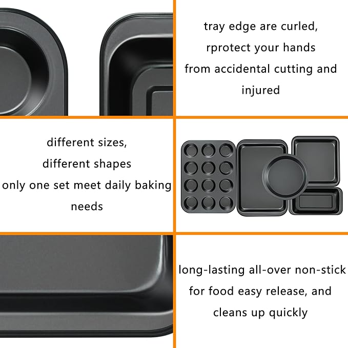 Kitchen 5-Piece Nonstick Bakeware Set - Round/Square Cake Pans, Muffin Pan, Loaf Pan, Roast Pan & Baking Sheets