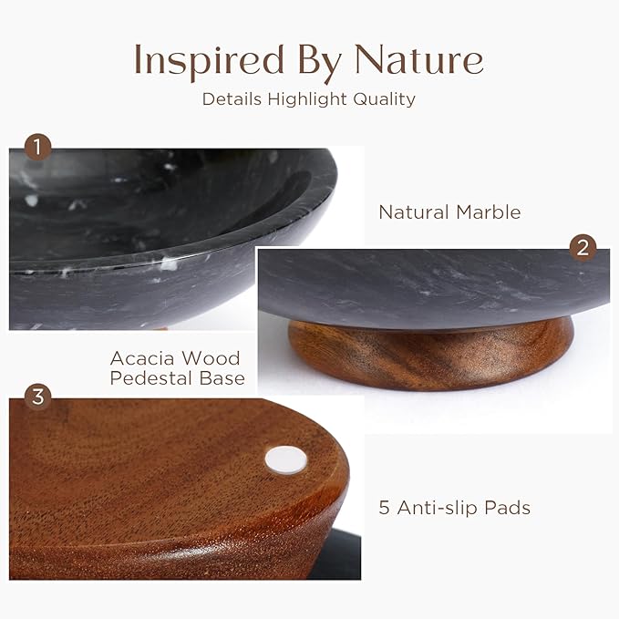 Black Marble Fruit Bowl with Acacia Wood Pedestal, Large Decorative Footed Bowl, Natural Stone Centerpiece for Kitchen Counter, Entryway, Keys, Dining Table, House Warming Gifts New Home(11Inch)