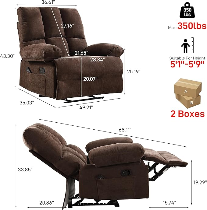Oversized Recliner Chair Extra Wide Large Recliner for Adults 350lbs with Lumbar Support Pillow Nursery Chair Living Room (Manual, BROWN-6008)