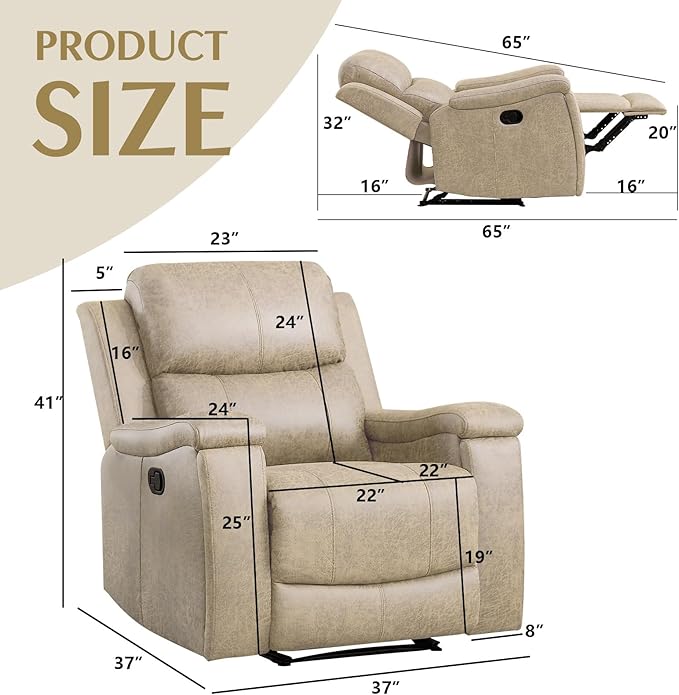CANMOV Leather Recliner Chair Set of 2, Classic and Traditional Manual Recliner Chair with Overstuffed Arms and Back, Manual Single Sofa with Concealed Cup Holders,Beige