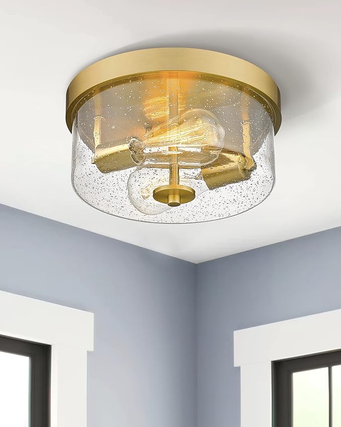 Emak Brushed Gold 2 Light Flush Mount Ceiling Light Fixture, 11 Inch Close to Ceiling Light Fixtures with Seeded Glass Shades for Hallway, Kitchen, Bathroom, Dining Room, FM082-GD