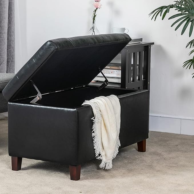 Joveco Storage Ottoman Bench, 33 Inches Faux Leather Rectangle Tufted Foot Stool for End Foot of Bed, Bedroom, Living Room, Black
