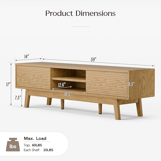59" TV Stand, Mid Century Modern Television Stand for 43/55/65 inch TV, Low Profile TV Console with Fluted Sliding Doors, Boho Light Wood Credenza for Living Room, Oak