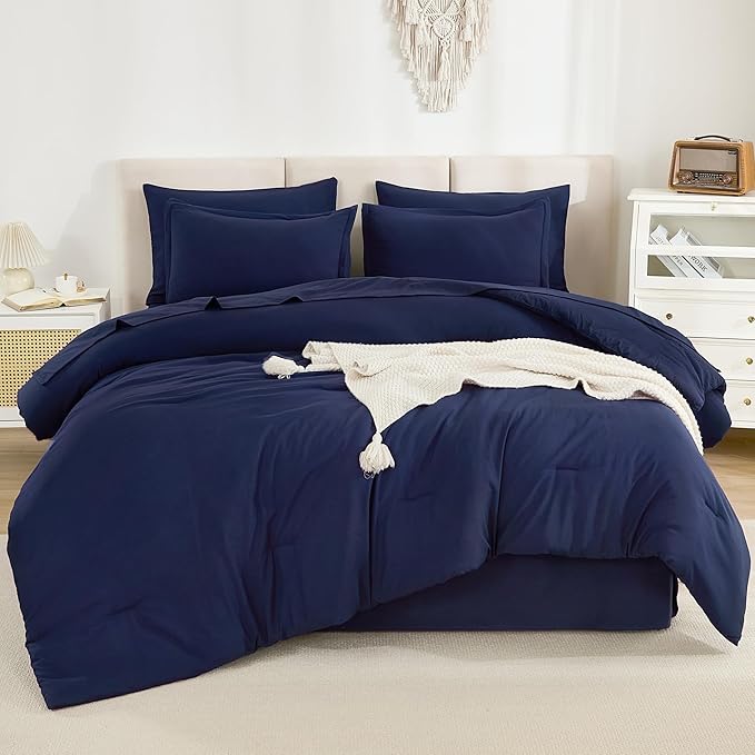 Litanika Queen Comforter Set Navy Blue - 7 Pieces Bed in a Bag Queen Bedding Comforter Sets, Solid Lightweight Bed Set with Comforter, Sheets, Pillowcases & Shams
