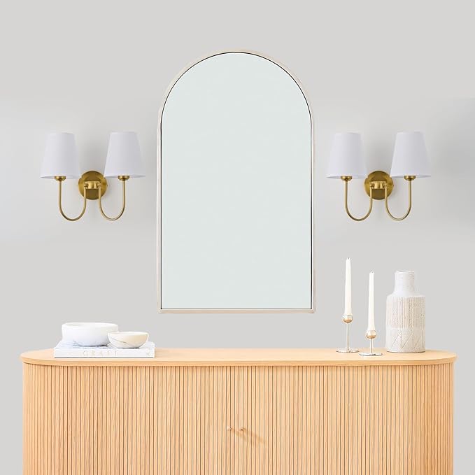 Hardwired White Fabric 2 Light Wall Sconce – Double Headed Cloth Shade Fixture for Bedroom, Bathroom & Hallway (Direct Wire)