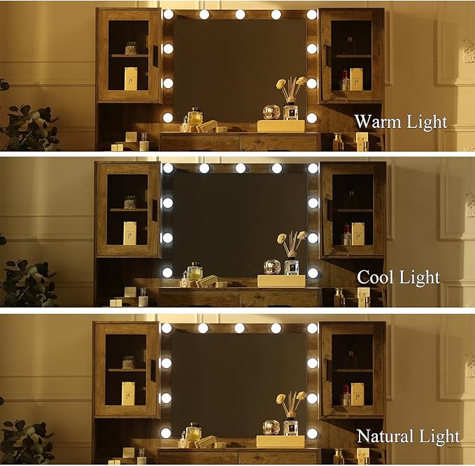 Extra Large Vanity with Folding Up Mirror and Lights,58.3'' Makeup Vanity Desk with Mirror and Lights,Outlet, Chair and Two Makeup Organizers,Dressing Table for Bedroom,Grey