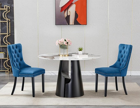 3-Piece Faux Marble Round Dining Table Set for 2, Modern Luxury Kitchen Table Set for 2 with Blue Tufted Chairs,Circle Dining Tables with Pandora Grain Top and Black Pedestal Base