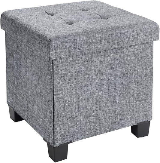 Ornavo Home 15 Inch Folding Storage Ottoman with Storage, Square Cube Linen Small Storage Ottoman Foot Rest Stool with Legs - Gray