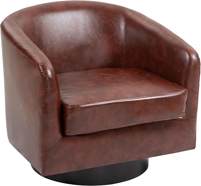 UIXE PU Leather Swivel Accent Chairs Set of 4, Barrel Club Chair Upholstered Armchair for Living Room - Red Brown