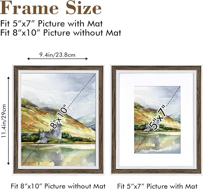8x10 Picture Frame Set of 6, Rustic Farmhouse Photo Frame, Display 5x7 with Mat or 8x10 Without Mat for Decorative on Wall Hanging and Tabletop Placement