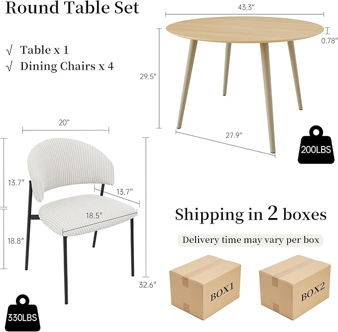 43.3 Inch Round Dining Table Set for 4, Modern Small Kitchen Coffee Set for Dining Room Kitchen Apartment (Cream Table + 4 White Shell Chairs)