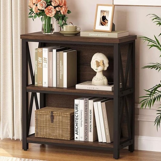 FATORRI Small Bookshelf, Rustic Book Shelf for Small Space, Low Short Bookcase, Industrial Wood and Metal Bookshelf and Bookcase for Living Room (Rustic Brown)