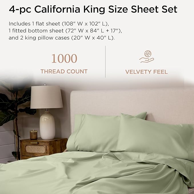Threadmill Supima Cotton Sheets - 1000 Thread Count Cal King Bed Sheets Set, 4 Pc Sage Green, 5-Star Hotel Quality, Elasticized Deep Pocket