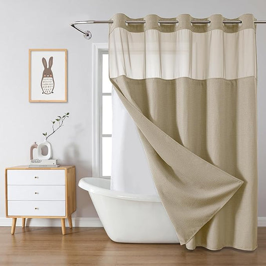 Khaki No Hook Waffle Weave Shower Curtain with snap-in Liner Replacement, 230GSM Waterproof Fabric Hotel Shower Curtain Set for Bathroom, Through Mesh Top Window,71Wx80H