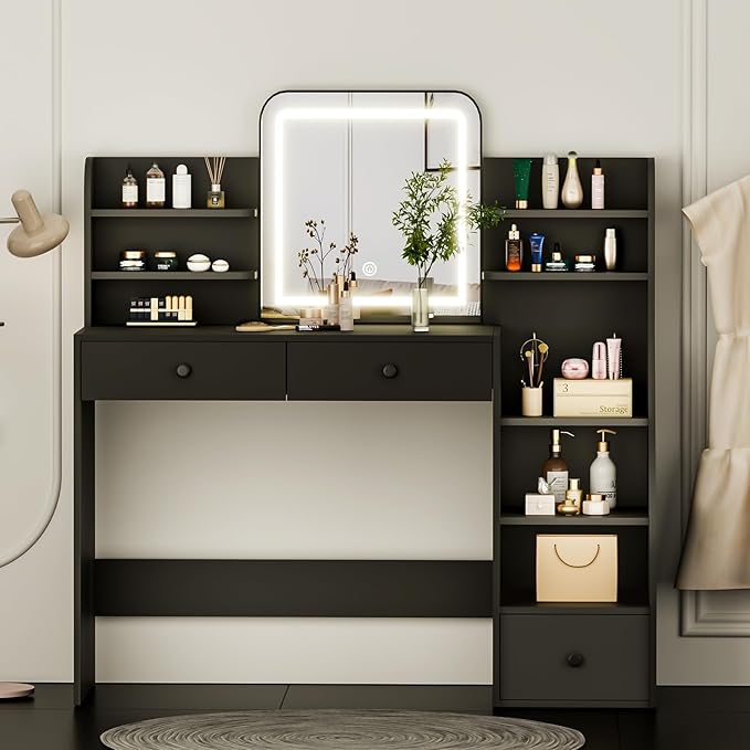 Black Makeup Vanity Desk with Square LED Mirror & 6 Open Shelves - 3-Color Adjustable Lighting, 3 Drawers + Right-Side Sloped Design, Dressing Table for Bedroom, Women, Teens