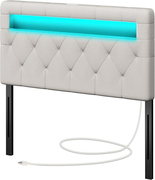GREENSTELL Headboard for Twin Size Bed with 60,000 DIY Color of LED Light, USB & Type C Post, Attach Frame, Height Adjustable, White Leather Wall Mounted Head Boards Only, Sturdy & Stable, Twin