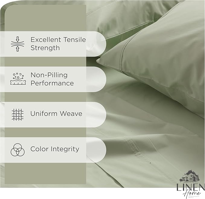 Linen Home 100% Cotton Percale Sheets Twin Size, Sage, Deep Pocket, 3 Pieces Set - 1 Flat, 1 Deep Pocket Fitted Sheet and 1 Pillowcase, Crisp Cool and Strong Bed Linen