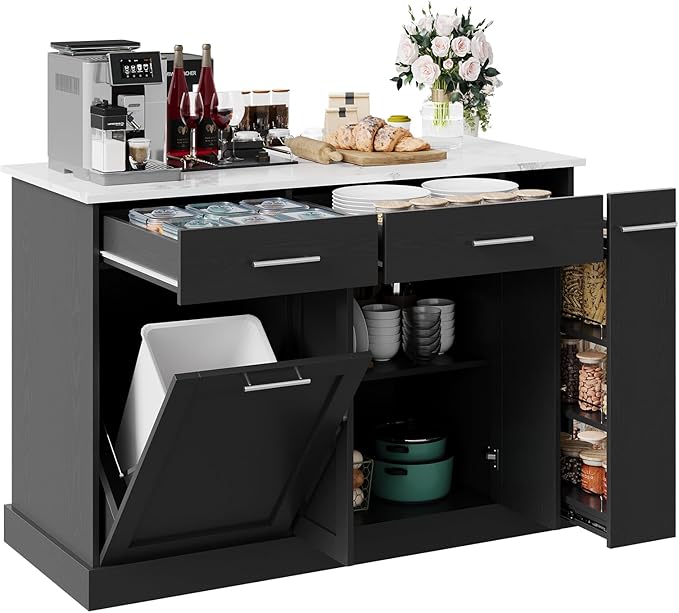 4 EVER WINNER Rolling Kitchen Island Cart with Trash Can Storage,Kitchen Island on Wheels with Marble Countertop, Kitchen Islands Table with Spice Rack & Towel Rack, Black