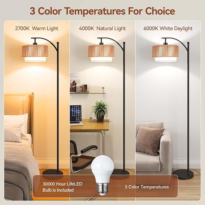 SUNMORY Floor Lamps for Living Room with 12W LED Bulb, Arc Floor Lamp with 3 Color Temperatures, Farmhouse Floor Lamps with Adjustable Rattan & Fabric Shades, Boho Standing Lamp for Bedroom, Corner
